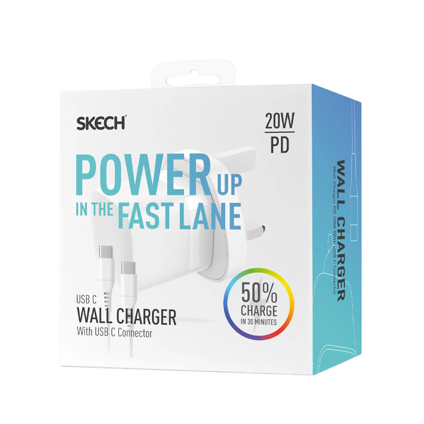 20W Charger 3 Pin + USB Type C-C Cable 1M White