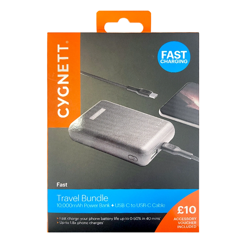 Cygnett Fast Charging travel bundle 10000mAh Power Bank USB-C vers câble USB-C Noir