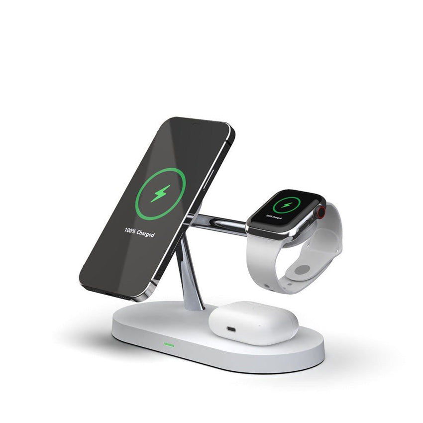 5-In-1 Magnetic Fast Wireless Charger white side view with phone, watch and airPod on charging