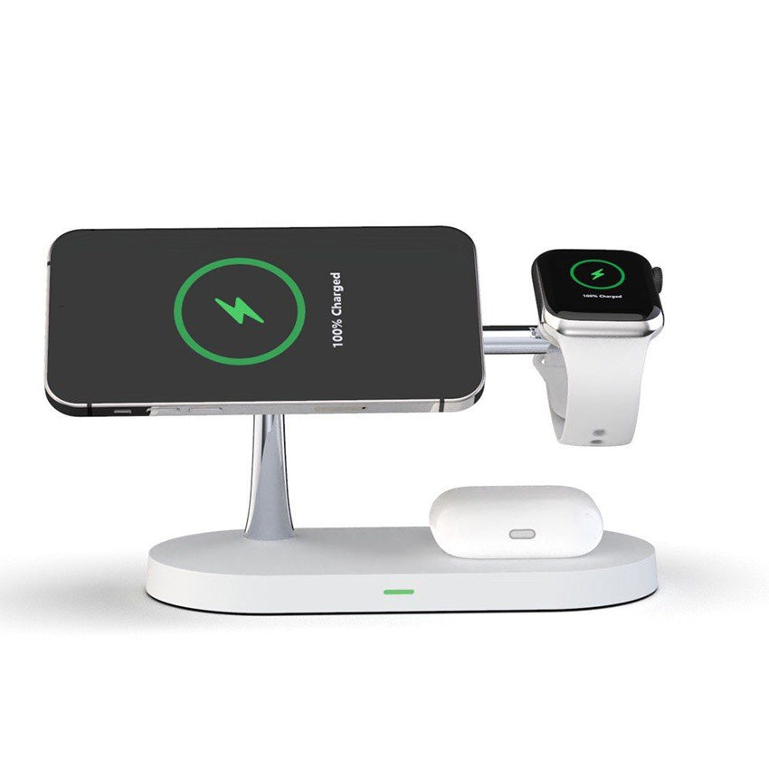 5-In-1 Magnetic Fast Wireless Charger white front view with phone, watch and airPod  on charging